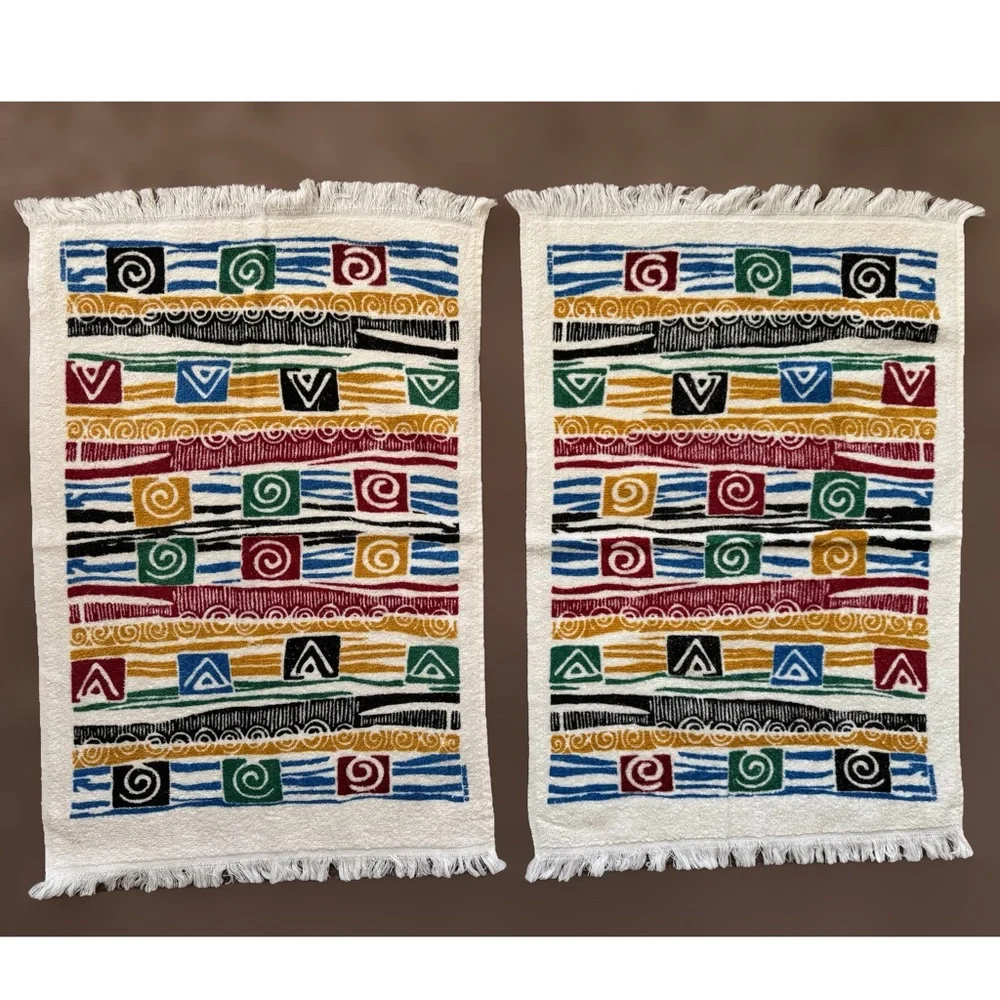 Vintage New Leshner Mills Set of 2 Hand Towels Abstract Geometric Aztec Print